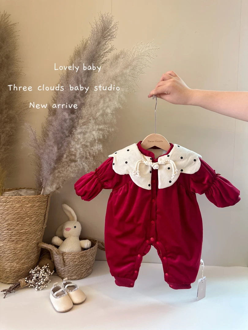 三小朵【锦瑟】女宝宝婴幼儿拜年服喜庆加绒连体衣满月百天周岁过年
