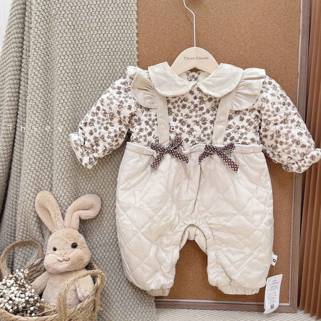 三小朵女宝宝婴儿香槟小碎花背带假两件加绒加厚