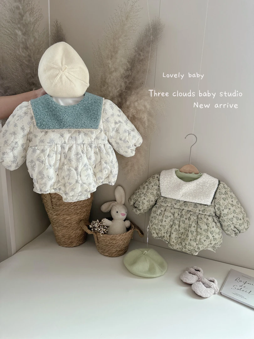 三小朵1669【海盐奶绿】女宝宝婴幼儿韩版方领碎花绗棉加厚保暖哈衣