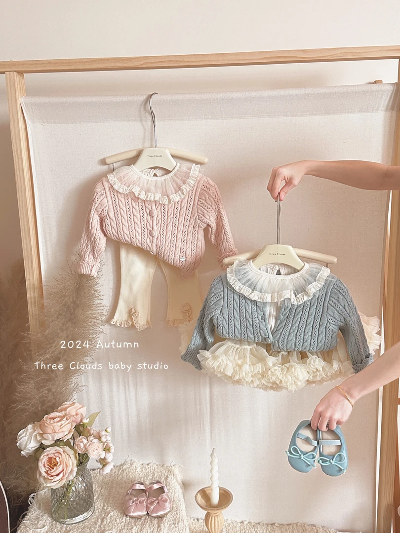 三小朵2168女宝婴幼儿装秋冬手钩圆领开衫毛衣外套打底衫 微喇裤