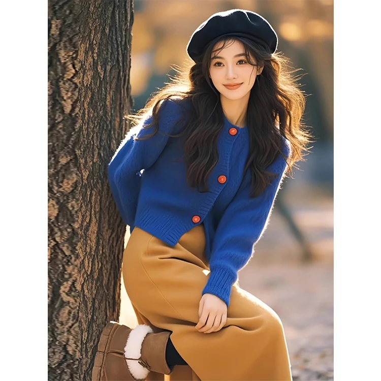 韩系慵懒风长袖针织衫女2024秋冬新款宽松开衫上衣克莱茵蓝毛衣