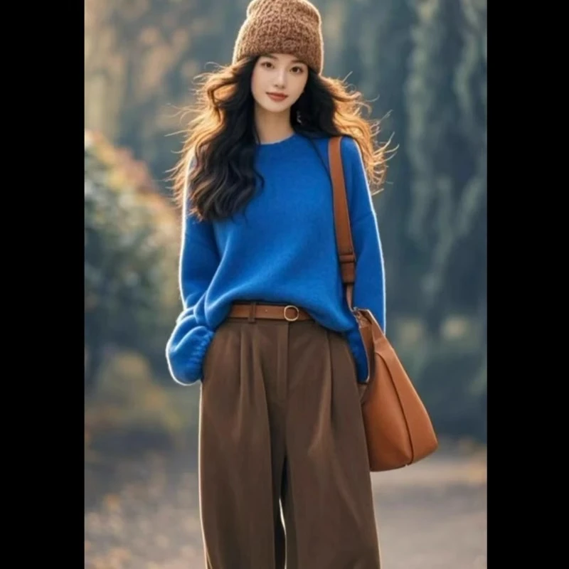 秋季毛衣女软糯慵懒百搭套头秋冬外穿克莱因蓝针织衫上衣裤子套装