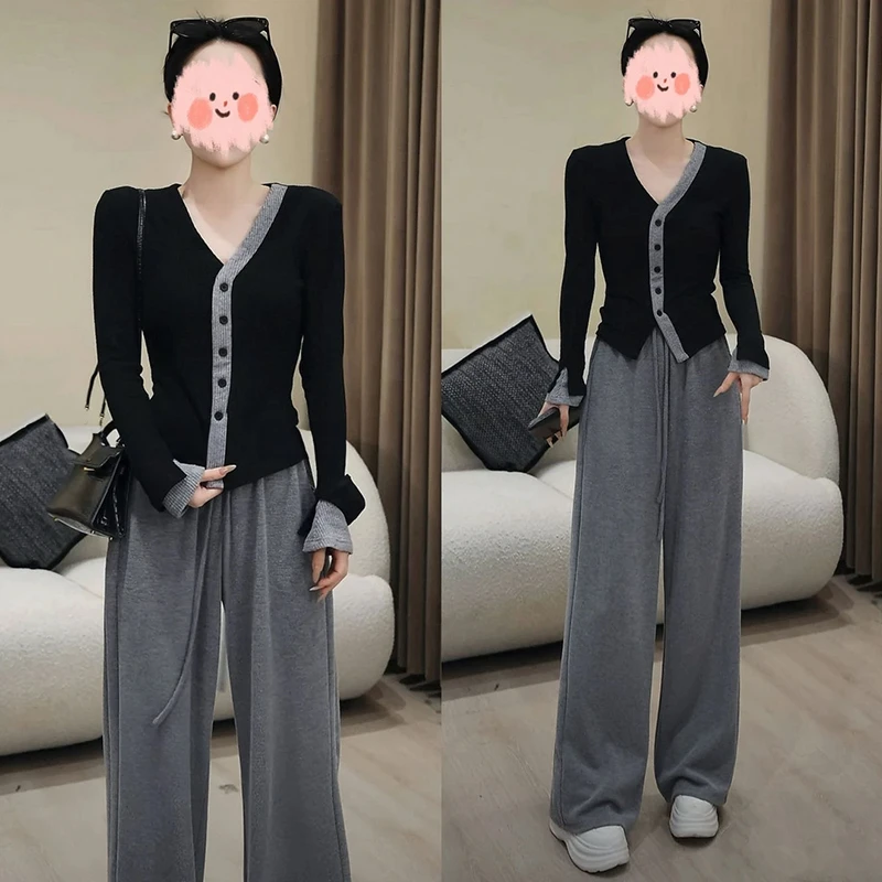 休闲百搭秋冬套装女2024年新款洋气撞色打底上衣高腰阔腿裤两件套