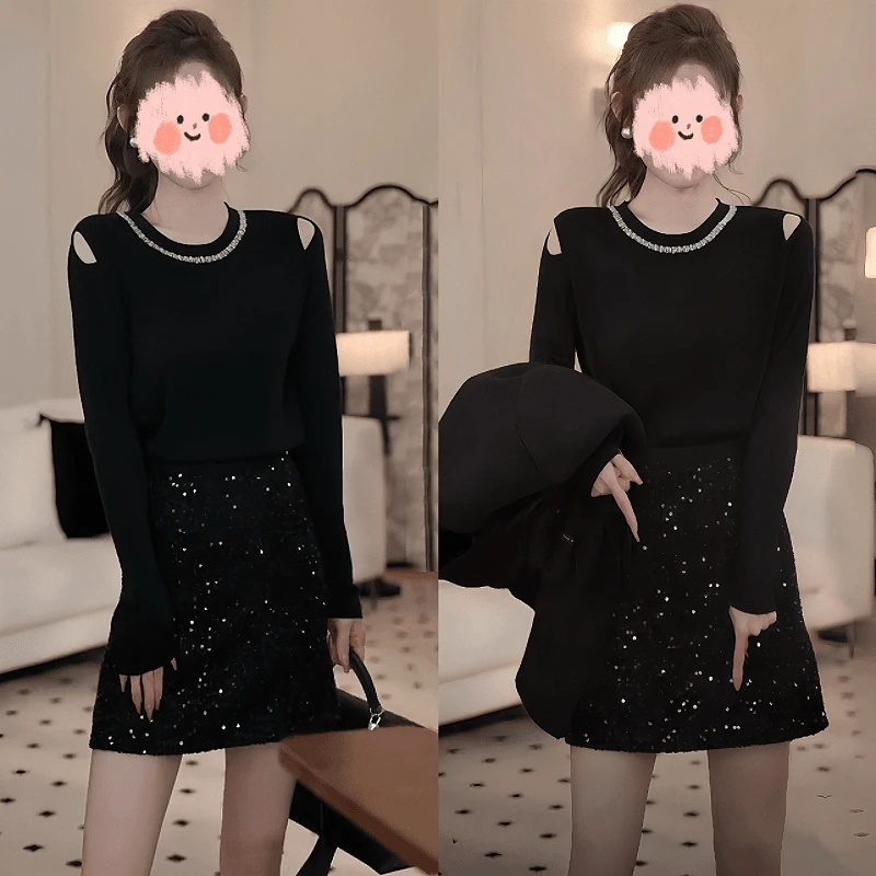 设计感气质秋季套装女2024新款露肩针织毛衣高腰亮片半身裙两件套