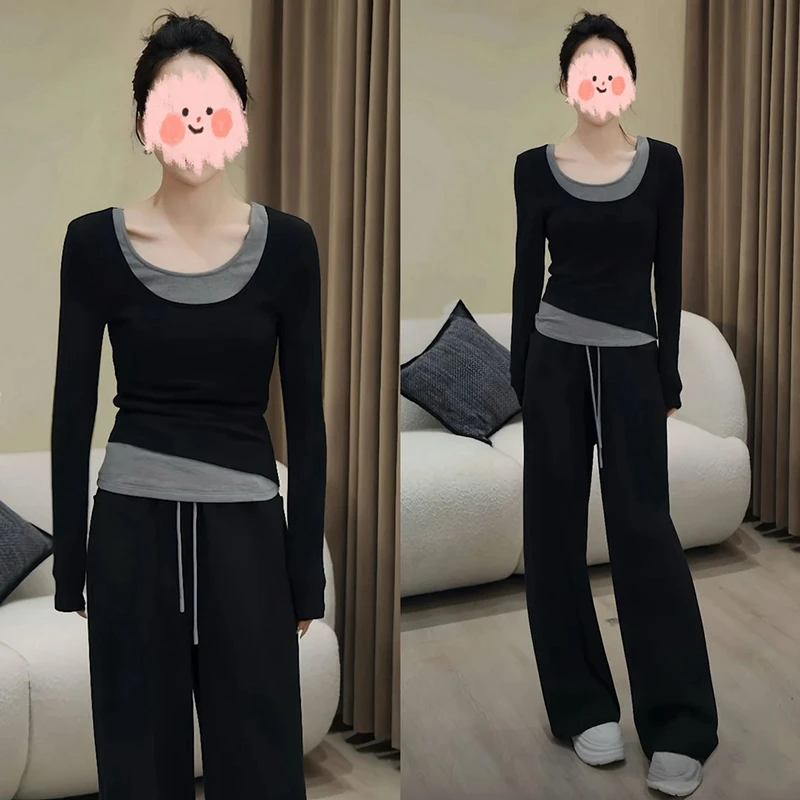设计感气质百搭休闲套装女2024秋冬新款假两件显瘦上衣高腰阔腿裤