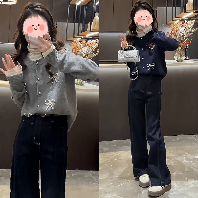 设计感百搭秋季套装女2024年新款洋气钉珠针织衫高腰显瘦阔腿裤子