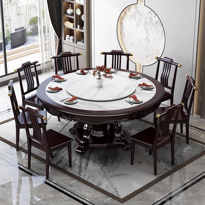 新中式古典家用一桌六椅饭桌子酒店餐厅轻奢客厅圆形吃饭桌饭桌子