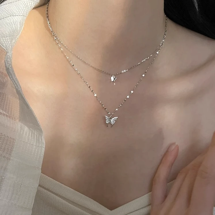 铜合金项链 蝴蝶项链女2024新款爆款轻奢小众设计双层叠戴锁骨链