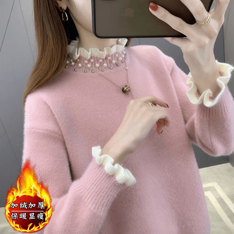 木耳边钉珠半高领仿水貂绒毛衣女2023新款加绒加厚打底衫秋冬内搭