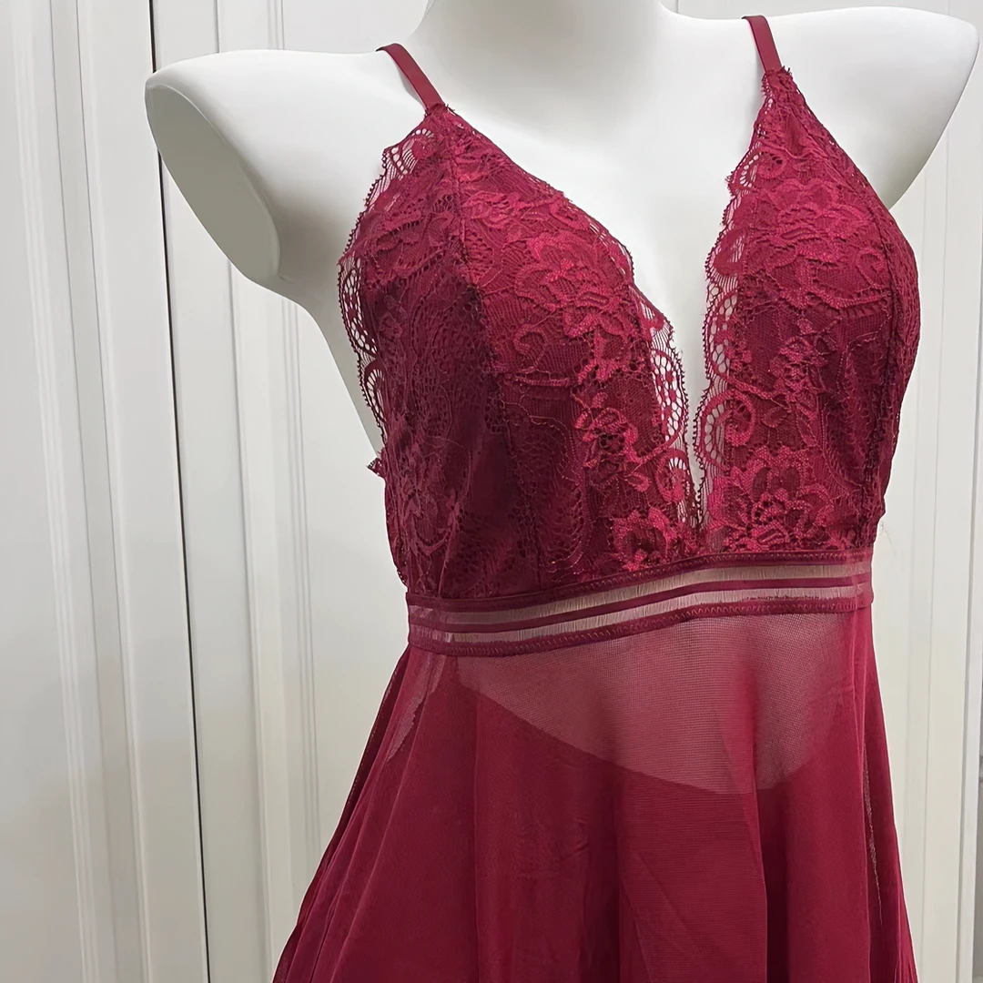 蕾丝时尚美背性感夏季轻奢露背睡裙显瘦网红女士连体红色小胸