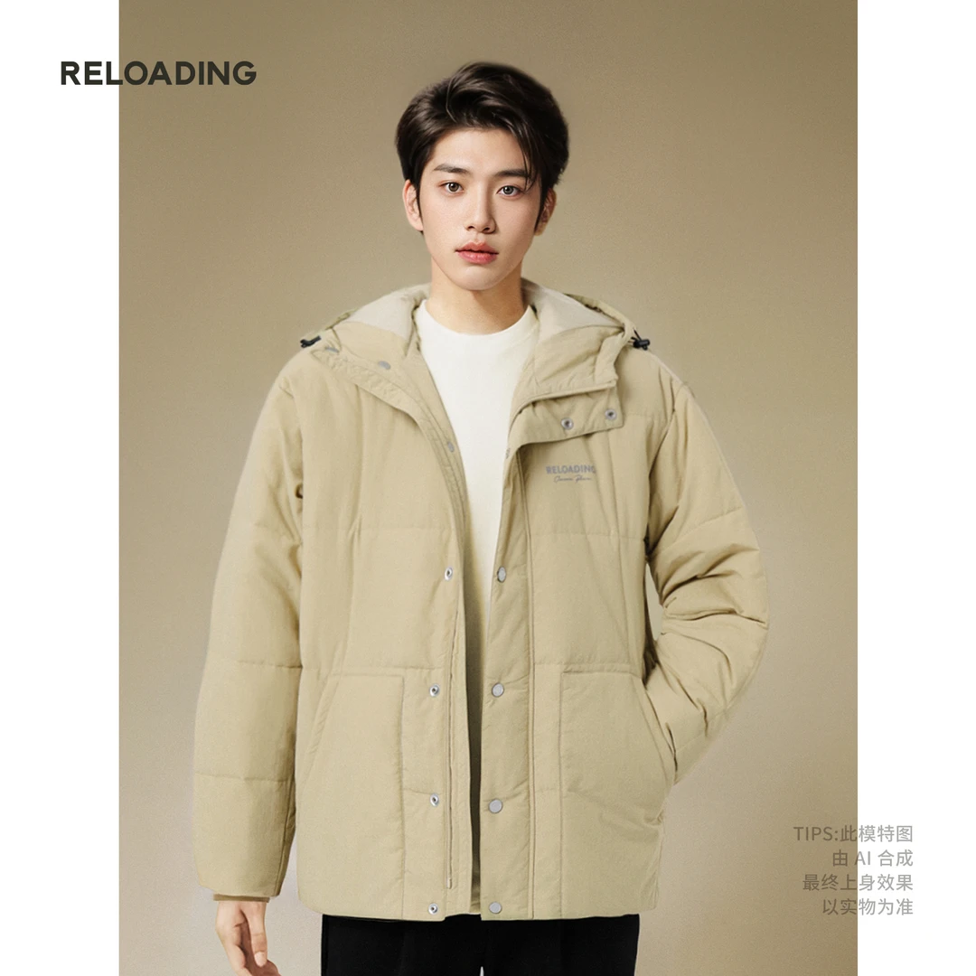 重新加载 纯色方格肌理冬季保暖连帽棉服时尚宽松棉衣外套