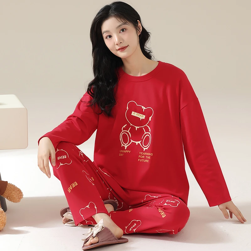 【新粉体验】春秋季睡衣女棉高档圆领婚庆大红装甜美长袖长裤家居服