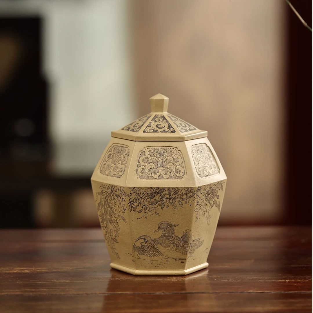 紫砂高端茶叶罐 茶仓 醒茶罐 全手工手制 本山绿泥 刘华刻绘