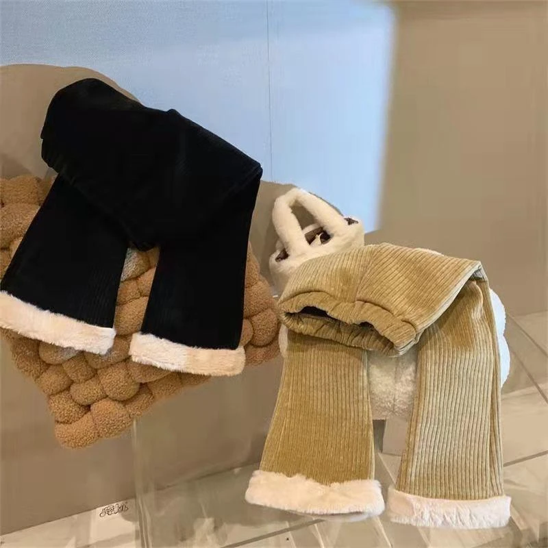 女童一体绒加厚雪尼尔喇叭裤洋气秋冬儿童韩版洋气百搭保暖休闲裤