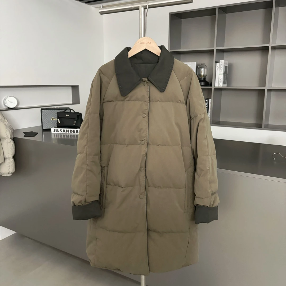 CAICAI冬季翻领保暖中长款加厚外套女士休闲宽松双面穿上衣756