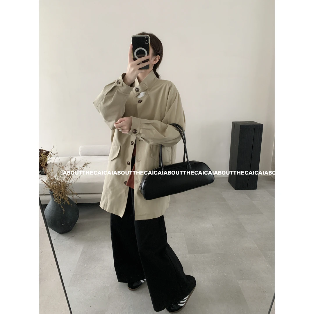 CAICAI韩系简约卡其色风衣外套女春秋休闲工装中长款大衣623