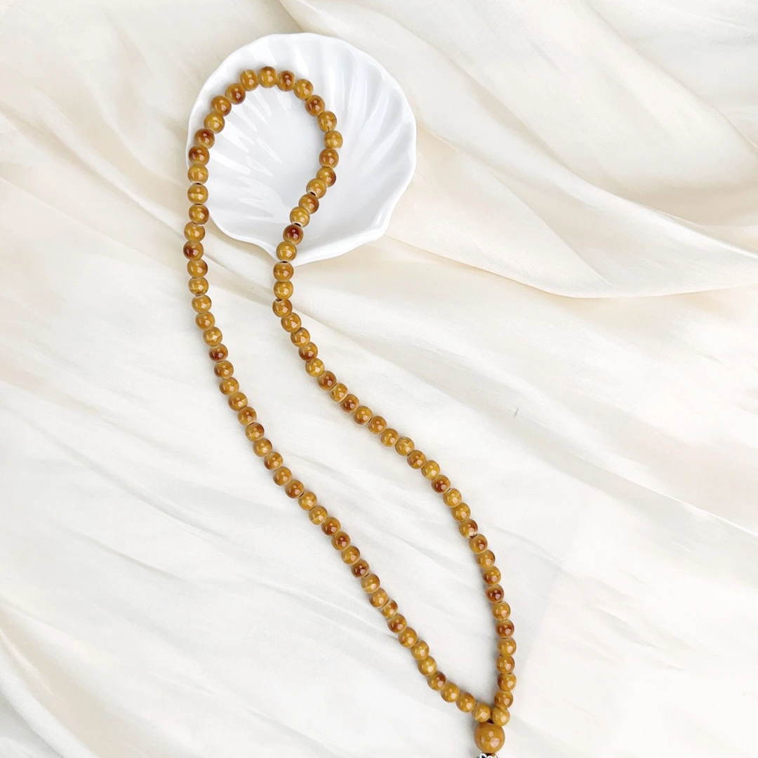 中式黄釉陶瓷三圈手串