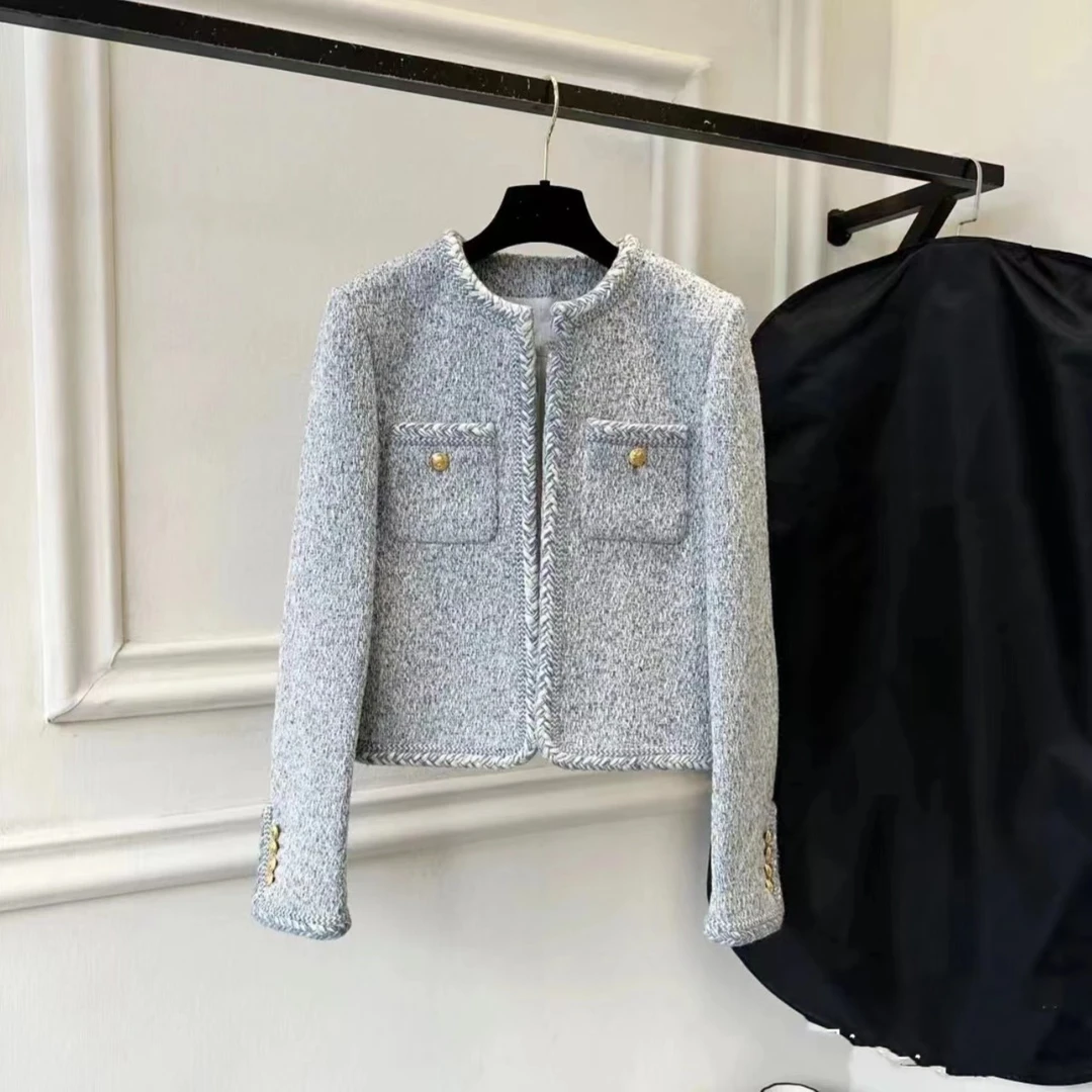 3292蓝色小香风短款外套女23春季新款高级感粗花呢气质上衣