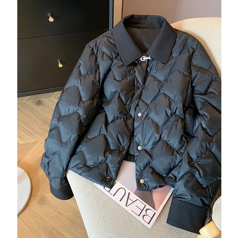 黑色翻领小香风菱格棉衣棉服女冬季2024时尚百搭别致保暖夹棉外套