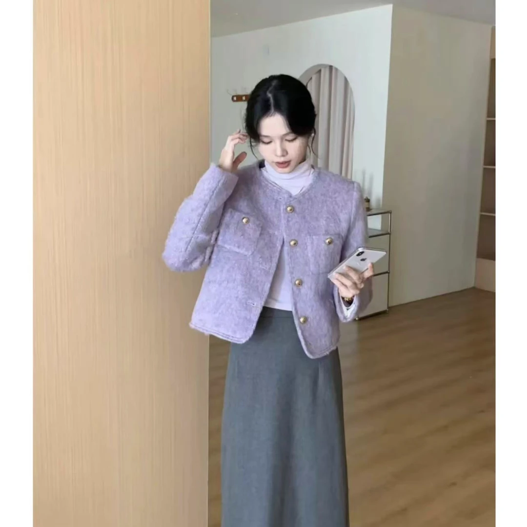 毛流感彩色小香风外套女冬款气质百搭短款今年爆款加厚加棉上衣