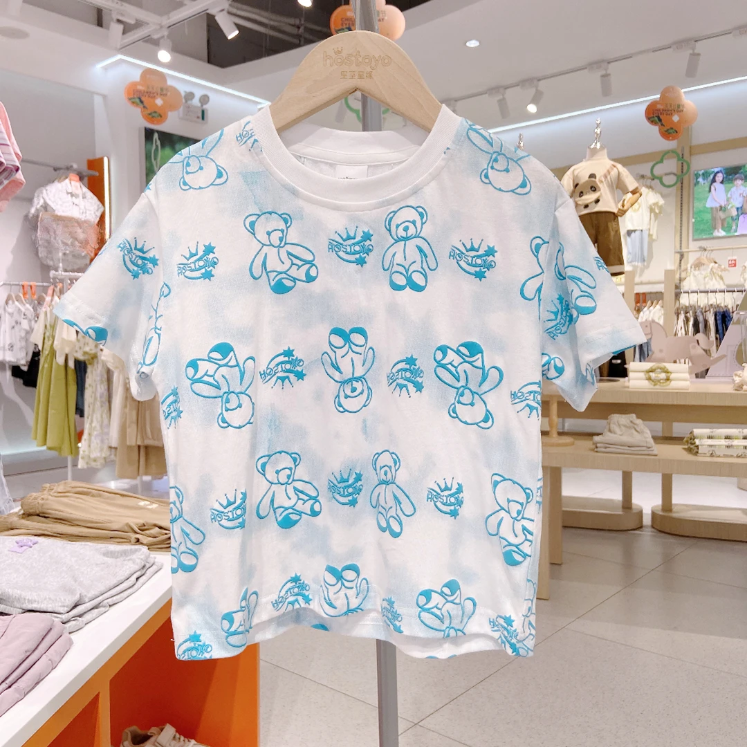 皇室童缘男童夏款满印扎染小熊短袖柔软舒适韩版T恤夏季蓝色小童