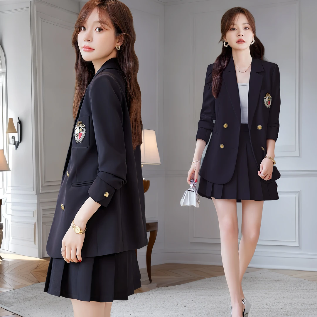 学院风西装百褶裙套装女春秋新款韩版宽松休闲时尚百搭小西服外套