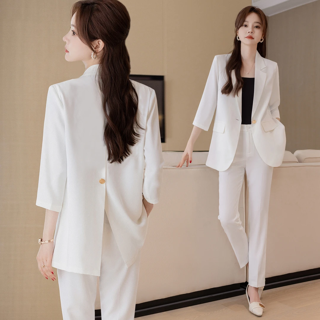 白色七分袖西装套装女薄款春夏新款韩版时尚宽松休闲百搭西服上衣