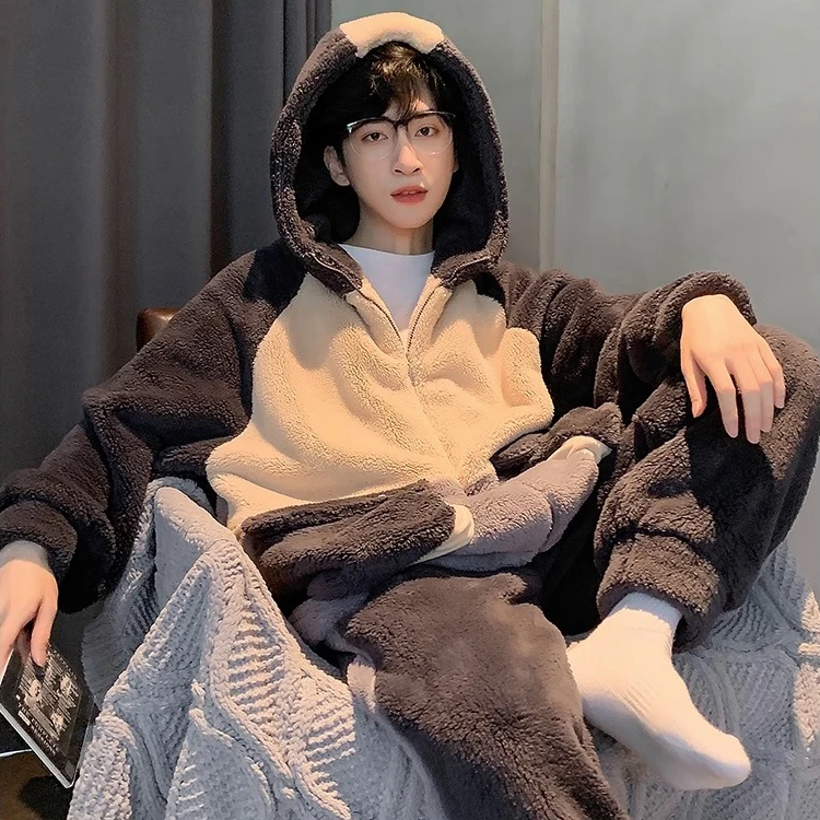 男士睡衣秋冬季珊瑚绒加厚加绒法兰绒青少年男生冬款天家居服套装