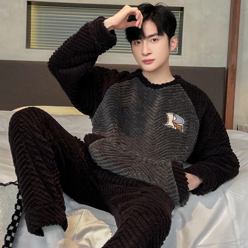 男士睡衣秋冬季珊瑚绒加厚加绒法兰绒青少年男生冬款天家居服套装