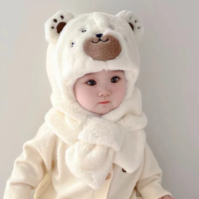 宝宝帽冬季可爱超萌婴儿毛绒围巾一体帽加厚保暖男女童护耳帽潮