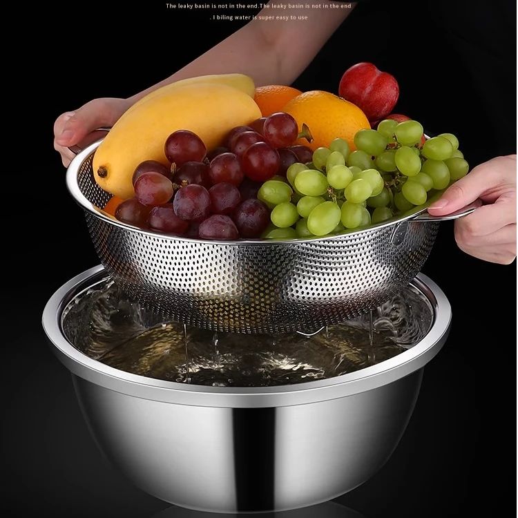 【二件套】不锈钢沥水篮淘米漏盆洗米筛洗菜盆子汲水篮套装家用厨房