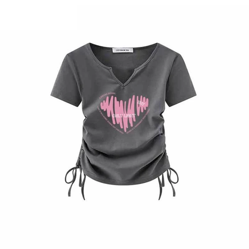 胖mm大码女装夏季新款美式辣妹短袖t恤设计感小众抽绳上衣服ins潮