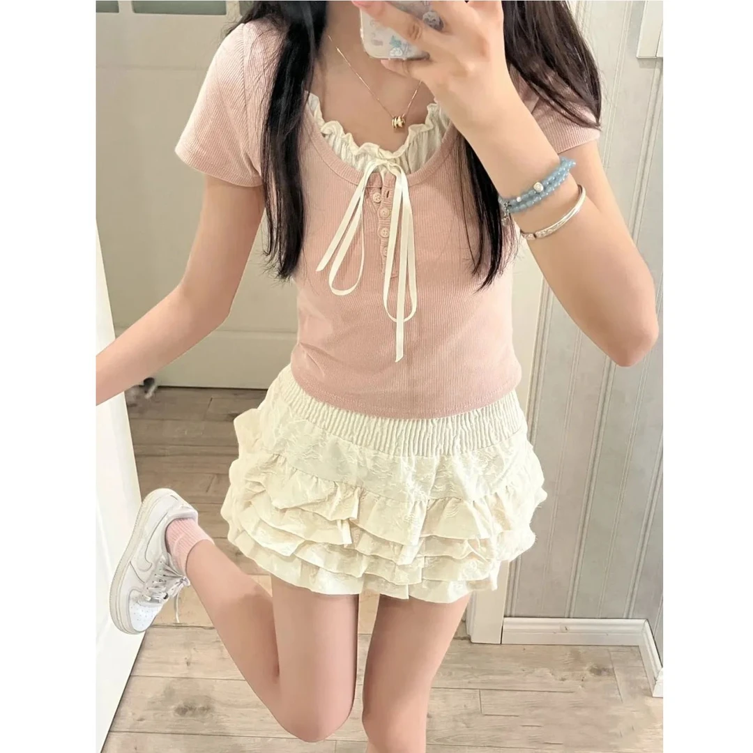 大码女装夏季新款假两件正肩短袖t恤设计感小众短款辣妹上衣ins潮