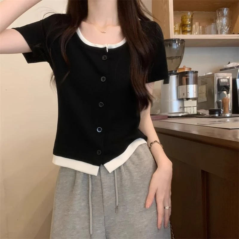 大码女装夏季新款假两件正肩短袖t恤设计感小众撞色拼接上衣ins潮