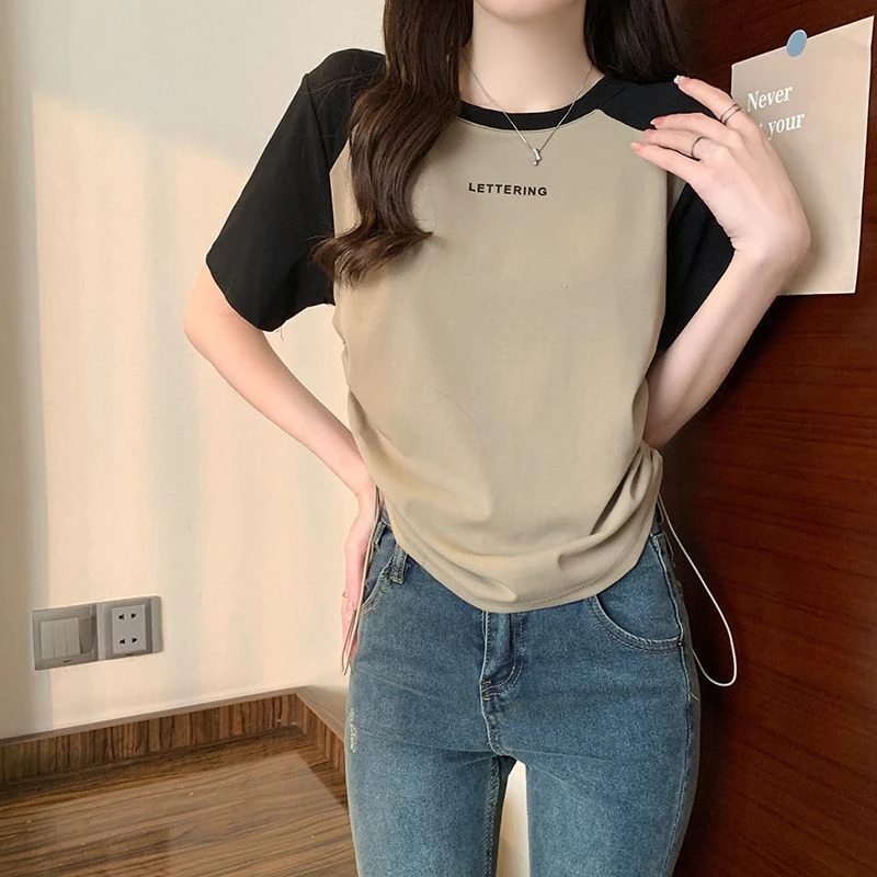 胖mm大码女装夏季新款美式正肩短袖t恤设计感小众抽绳上衣服ins潮