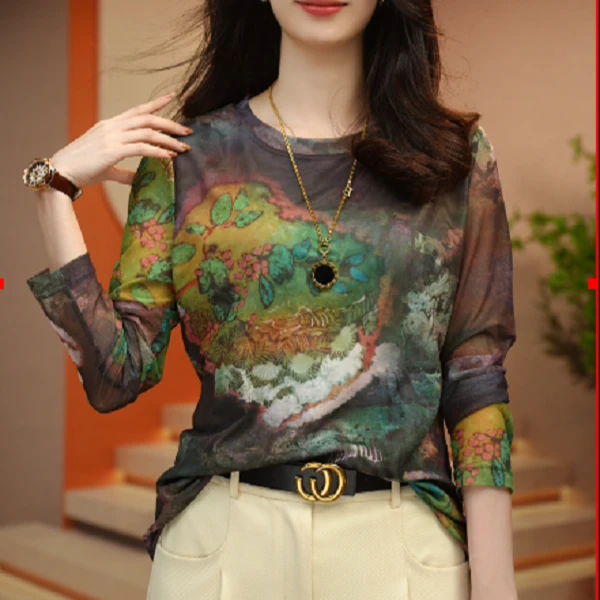 新款肌肤网纱上衣小衫透气双层高级百搭套头洋气S23Y100