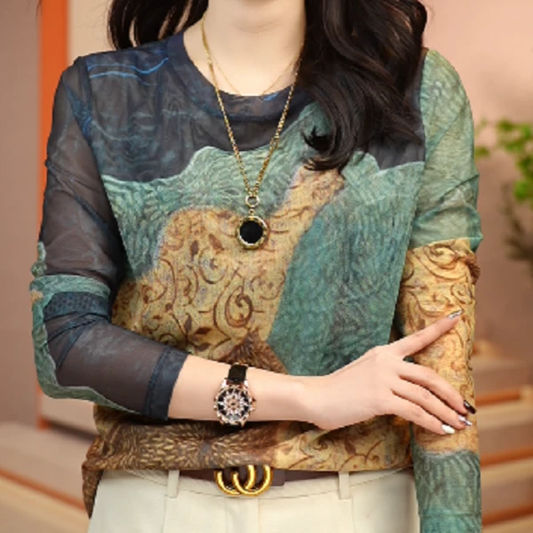 新款肌肤网纱上衣小衫透气双层高级百搭套头洋气S23A93