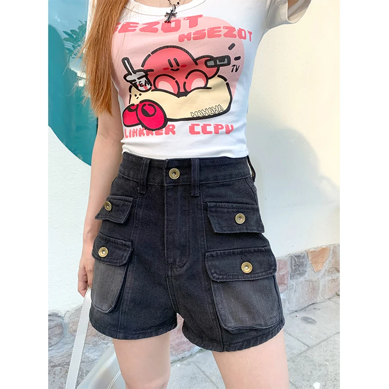 美式复古工装牛仔短裤女夏季2024新款高腰显瘦辣妹a字阔腿热裤子