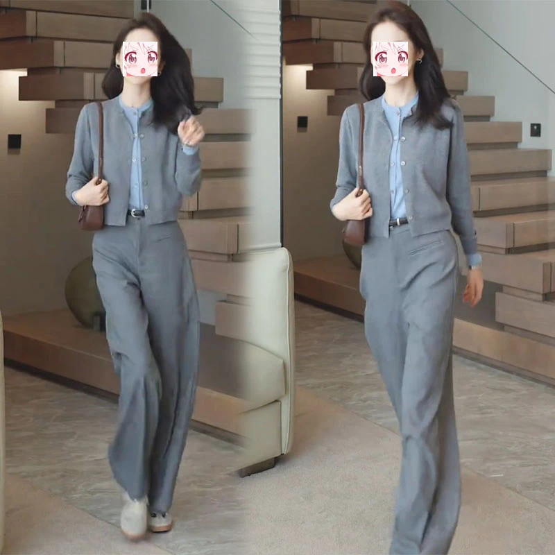 2025春装高级感叠穿设计假两件毛衣开衫垂感西装直筒裤子两件套装