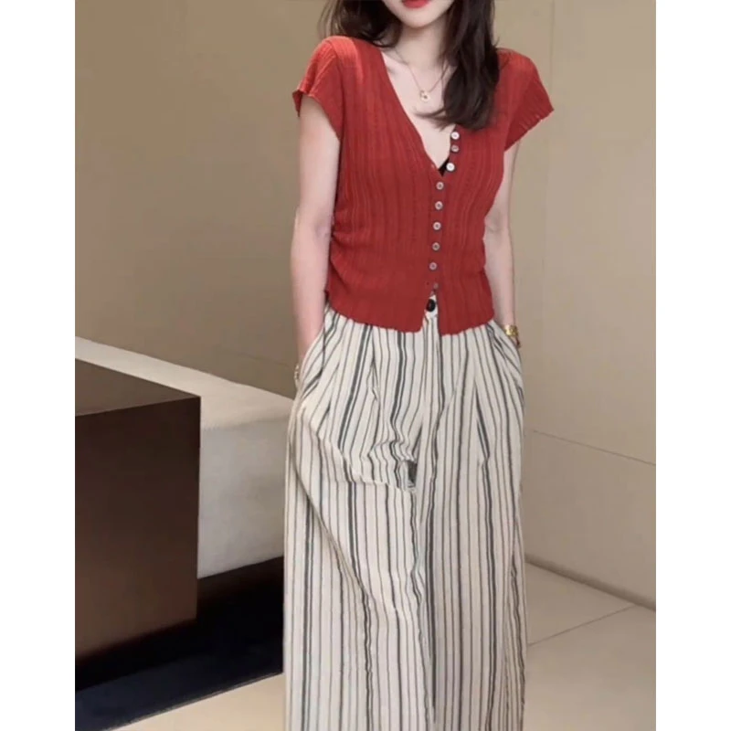 夏季修身显瘦针织上衣女2025新款慵懒风高腰宽松阔腿裤子两件套装