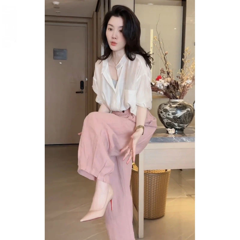 时尚潮流百搭精品女装薄透衬衫阔腿裤两件套装女2025新款爆款洋气