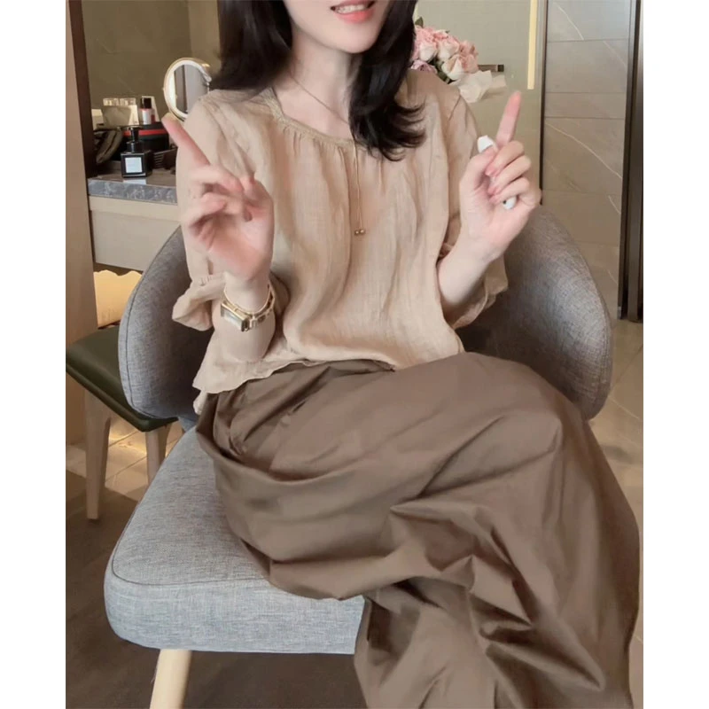 夏季休闲高级感穿搭气质宽松遮肉薄款上衣高腰阔腿裤子两件套装女