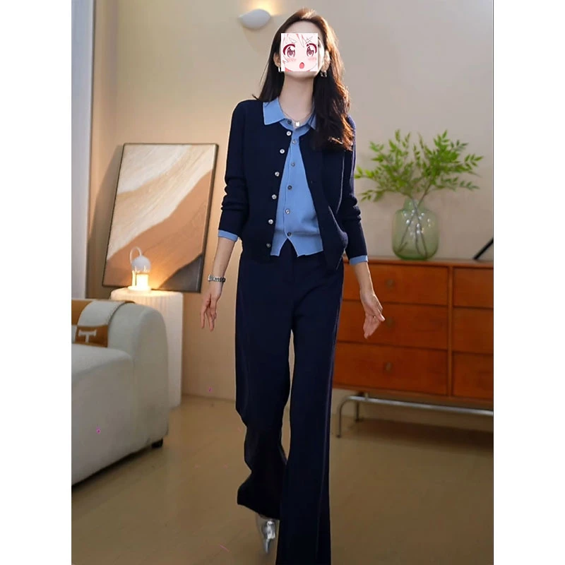 2025春季时尚叠穿设计假两件翻领针织开衫垂感直筒长裤两件套装潮