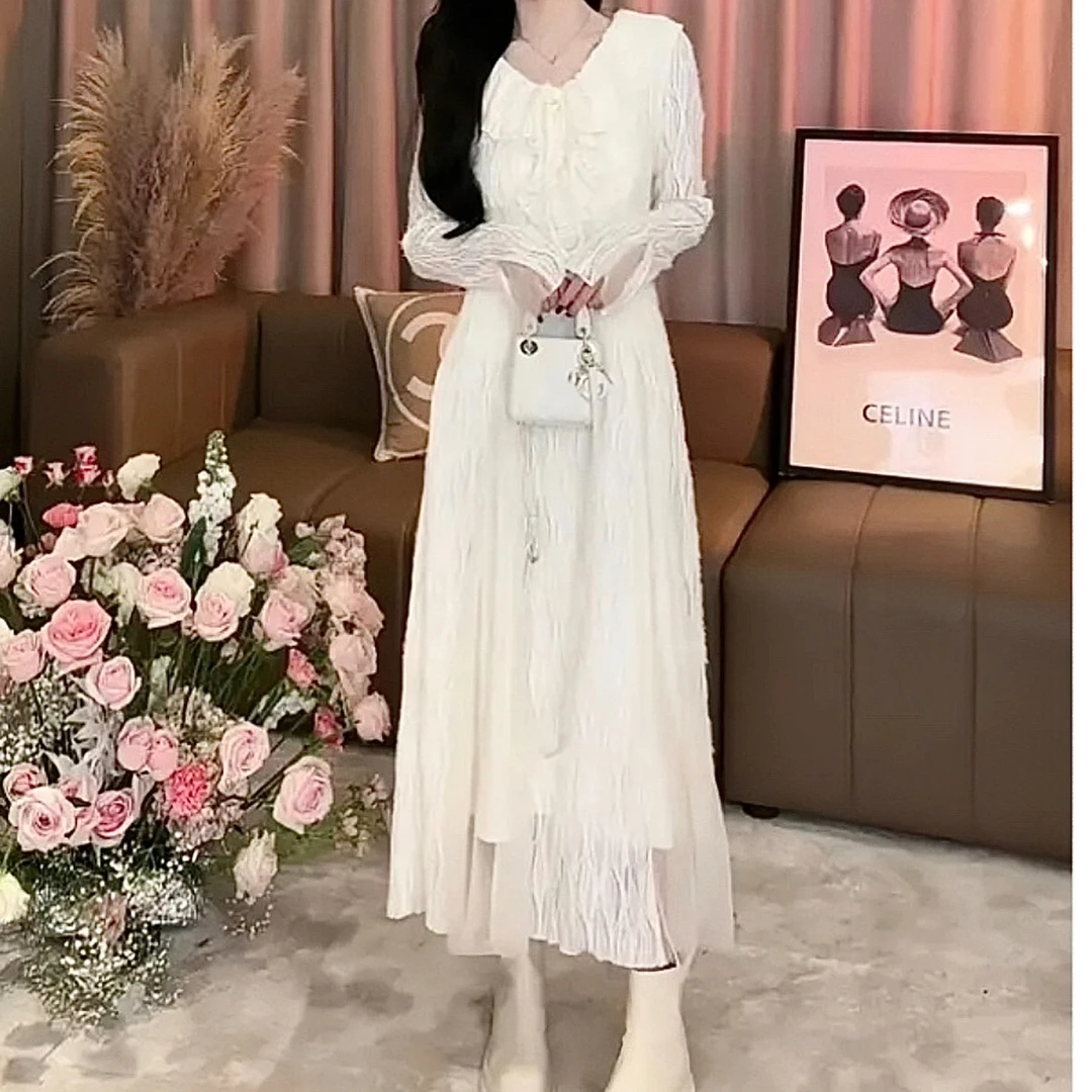 秋冬新款 白色恋人法式仙女风气气质显瘦长款女装连衣裙仙女裙