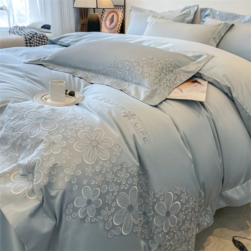 高档轻奢高级感刺绣长绒棉四件套100%纯棉全棉被套床单床上用品