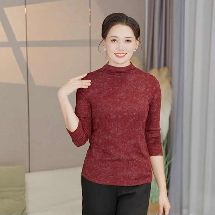 妈妈装秋冬中老年加绒加厚时尚显瘦百搭女士半高领外穿内搭打底衫