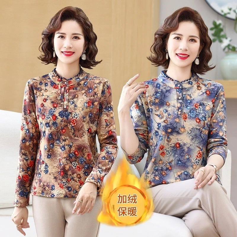 妈妈秋冬加绒加厚长袖洋气中老年时尚女士半高领印花保暖打底衫
