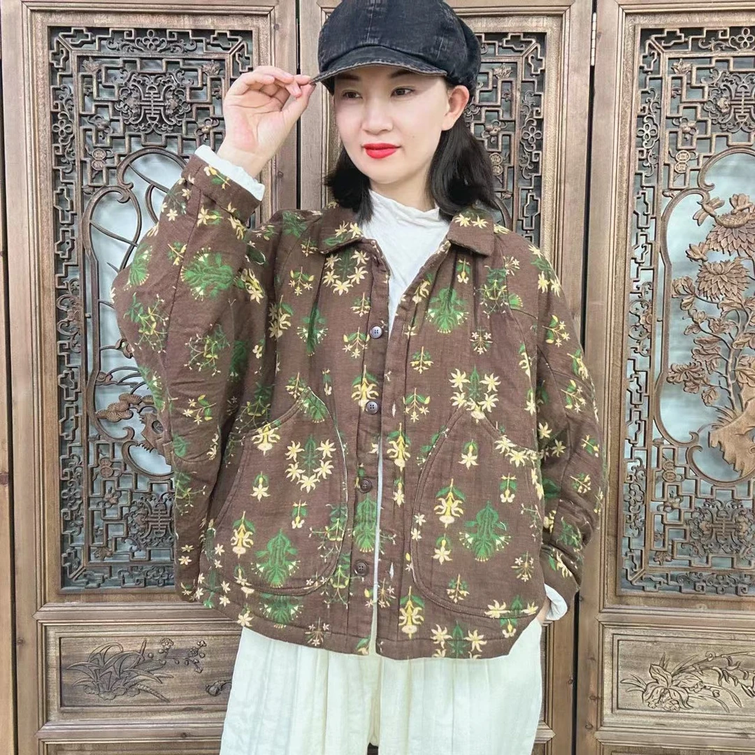 素陌  原创复古做旧印花大口袋棉服时尚雅丹风宽松休闲舒适百搭女