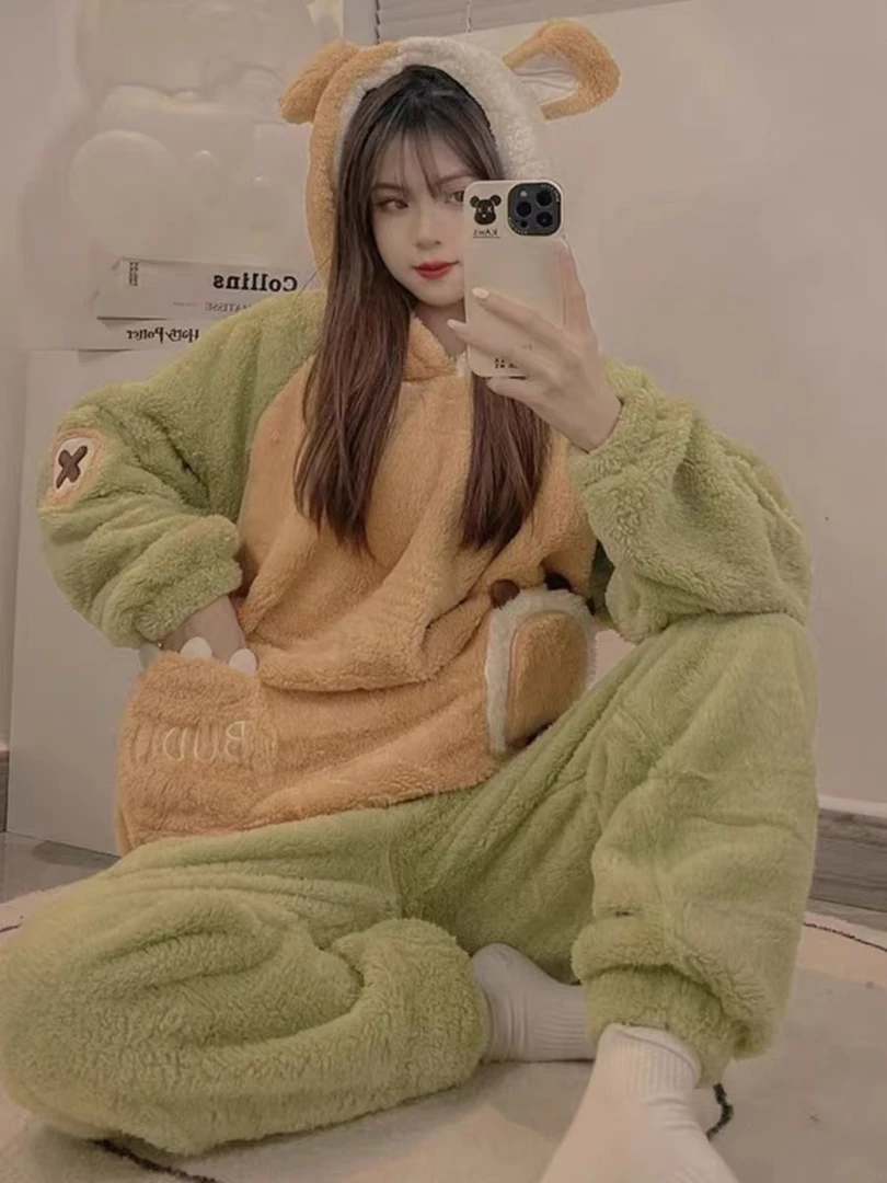 韩版新款可爱懒熊睡衣女秋冬季珊瑚绒加绒加厚保暖冬天家居服套装