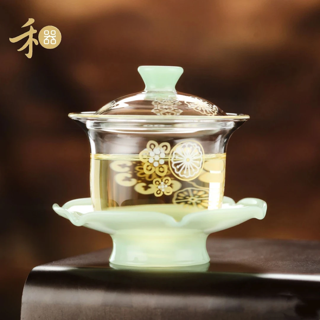 禾器皮球花·禾荷盖碗 高硼硅玻璃盖碗 贴画工艺 建议容量：150ML